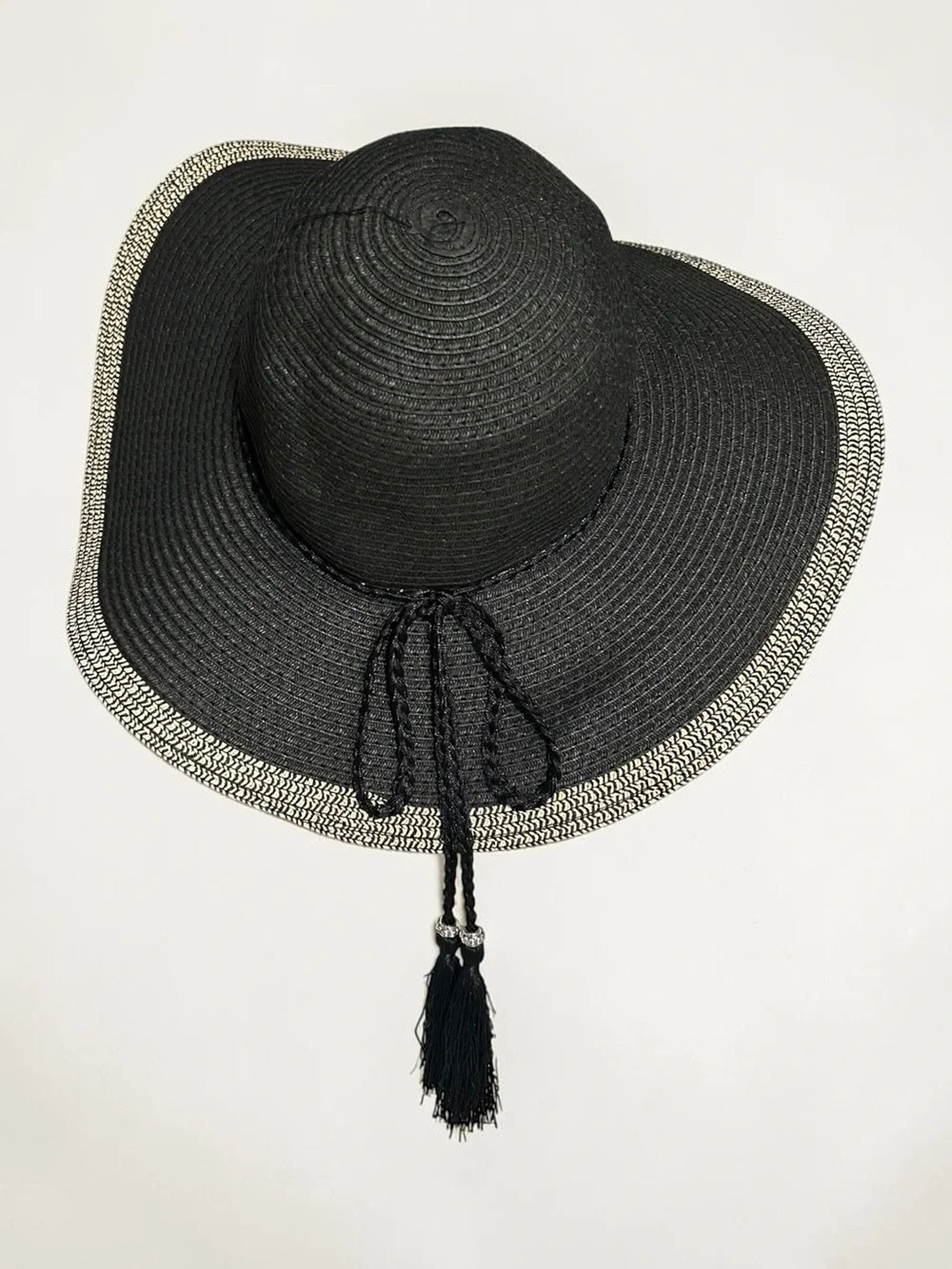 Wide-Brim Black Tassel Sun Hat Beach Vacation